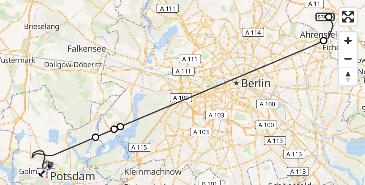 Flugroute Polizeihubschrauber Ahrensfelde Hubschrauberlandeplatz - Potsdam, 14 August 2026, 06:34