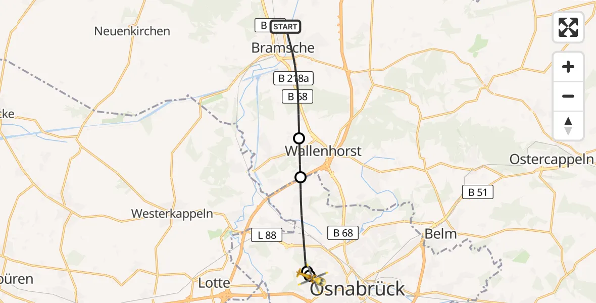 Flugroute Ambulanzhubschrauber Bramsche - Osnabrück Hospital, 14 August 2026, 06:34