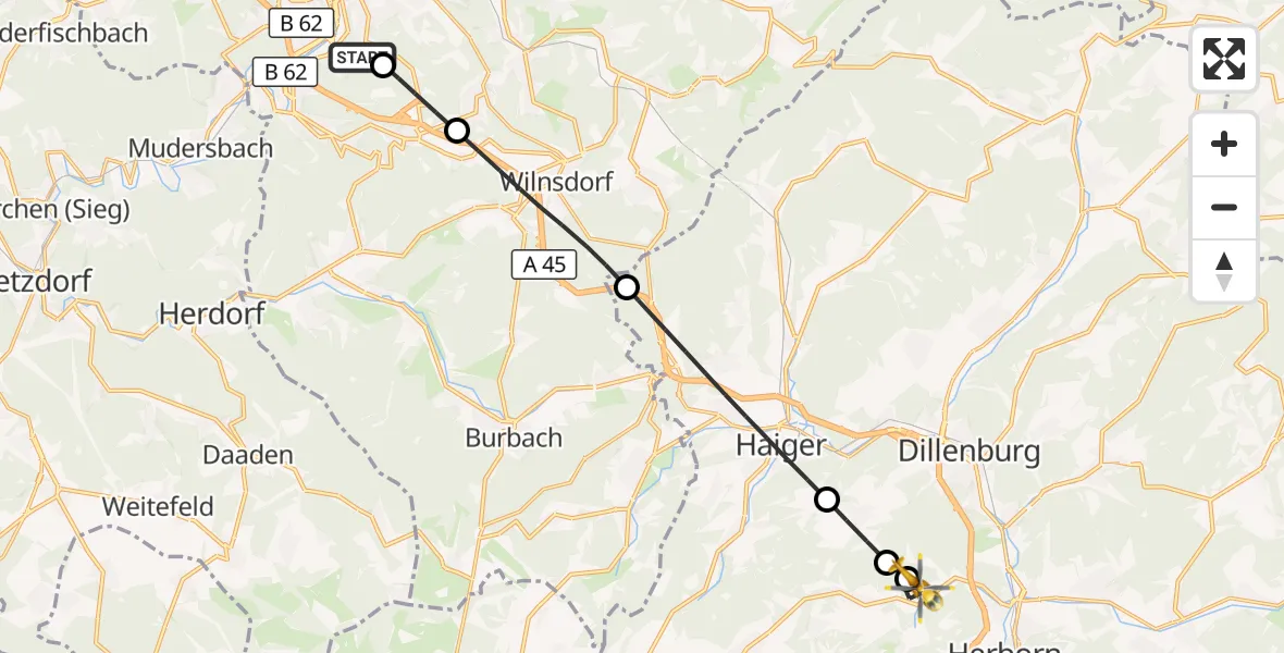 Flugroute Rettungshubschrauber Evangelisches Jung-Stilling Hospital - Herborn, 14 August 2026, 06:35