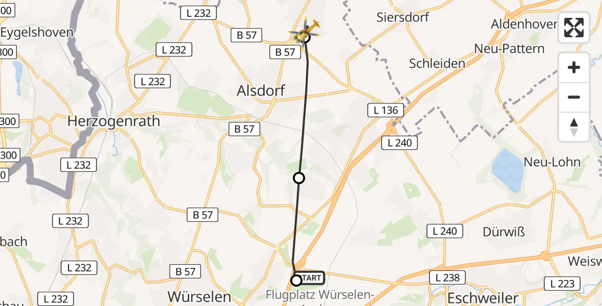 Flugroute Rettungshubschrauber Aachen-Merzbrück Flughafen - Baesweiler, 14 August 2026, 06:43