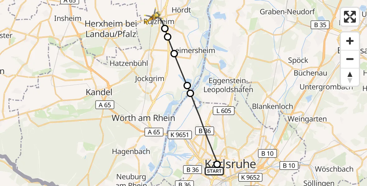 Flugroute Ambulanzhubschrauber Sankt Vincentius Hospital - Rülzheim, 14 August 2026, 06:45
