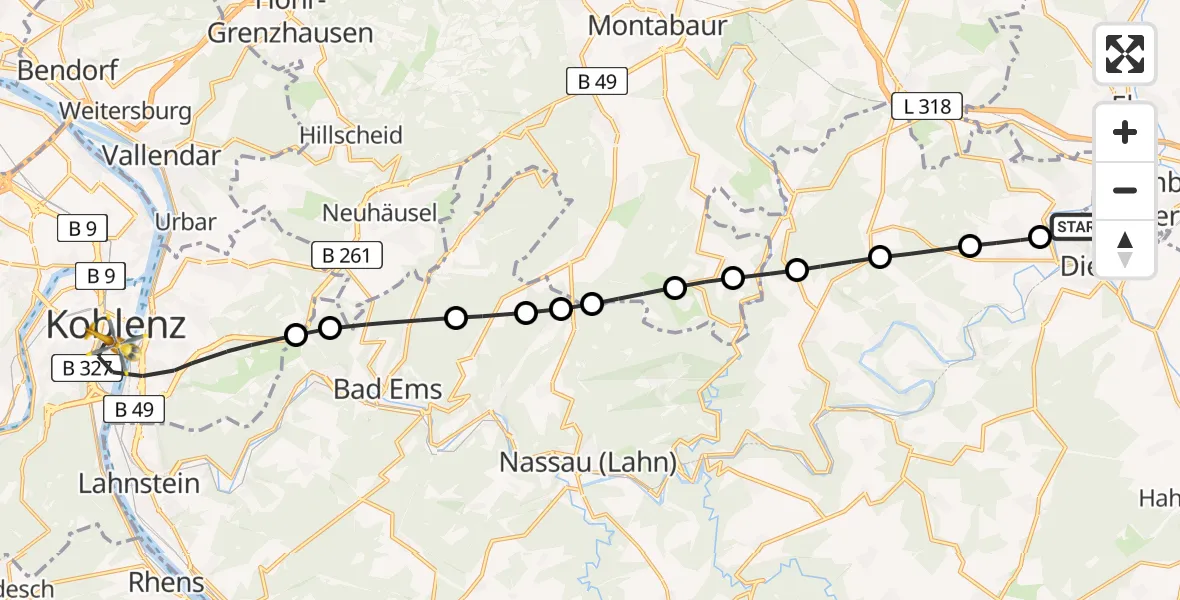 Flugroute Rettungshubschrauber Diez - Koblenz, 14 August 2026, 06:45