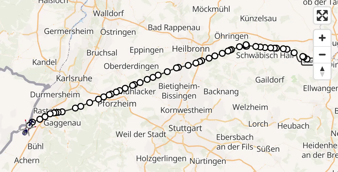 Flugroute Polizeihubschrauber Crailsheim - Karlsruhe Baden-Baden Flughafen, 14 August 2026, 06:47