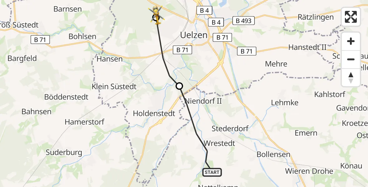 Flugroute Rettungshubschrauber Wrestedt - Uelzen, 14 August 2026, 06:53