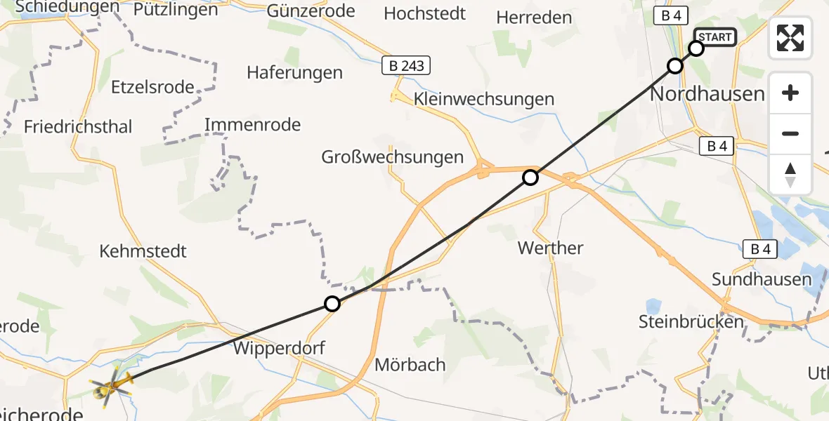 Flugroute Rettungshubschrauber Südharz Hospital Nordhausen - Bleicherode, 14 August 2026, 06:57