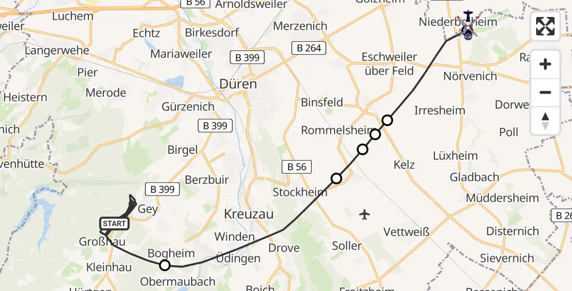 Flugroute Polizeihubschrauber Hürtgenwald - Militärflugplatz Nörvenich, 14 August 2026, 06:59