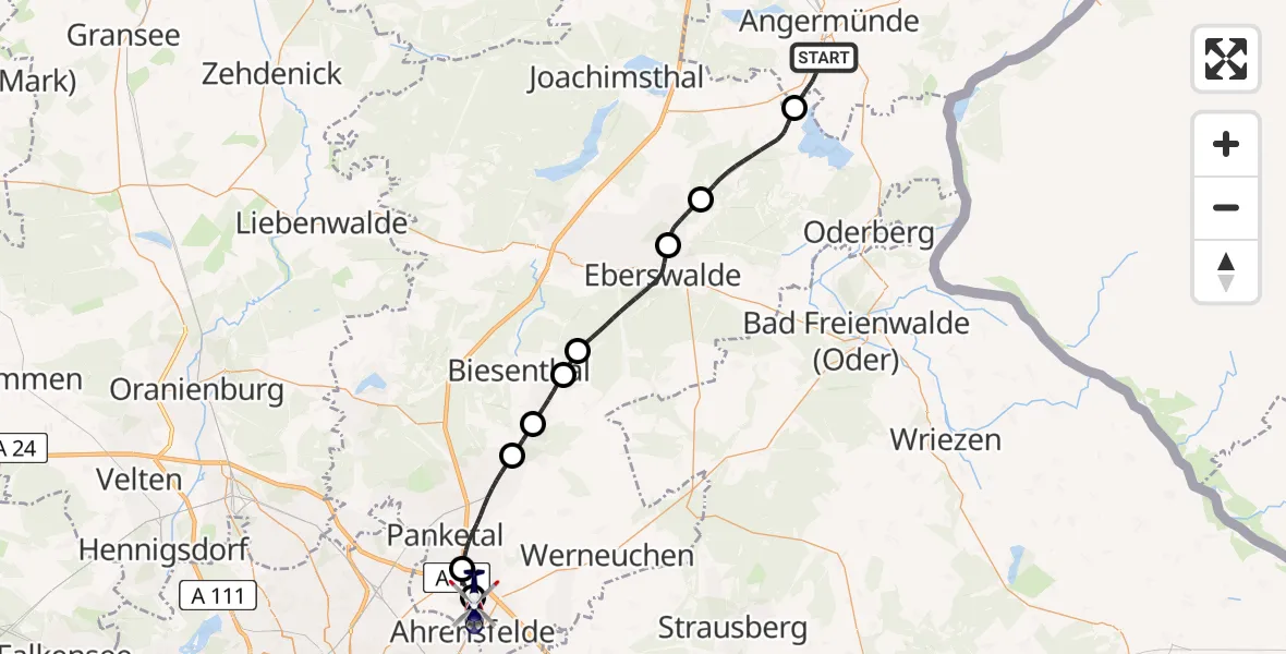 Flugroute Polizeihubschrauber Angermünde - Ahrensfelde Hubschrauberlandeplatz, 14 August 2026, 07:00
