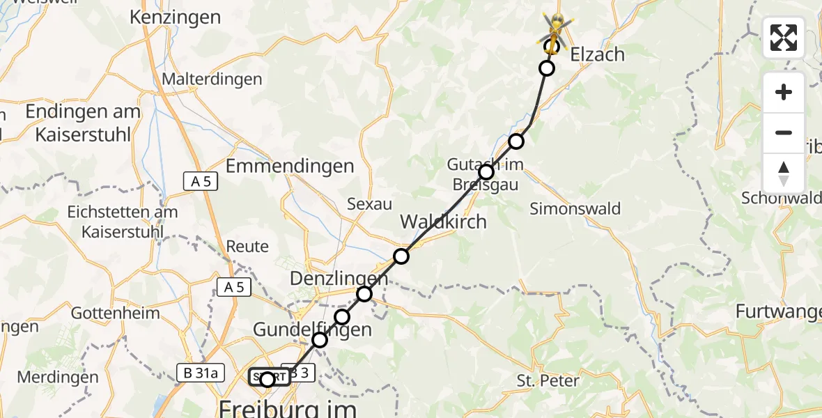 Flugroute Ambulanzhubschrauber Freiburg im Breisgau Flugplatz - Biederbach, 14 August 2026, 07:01