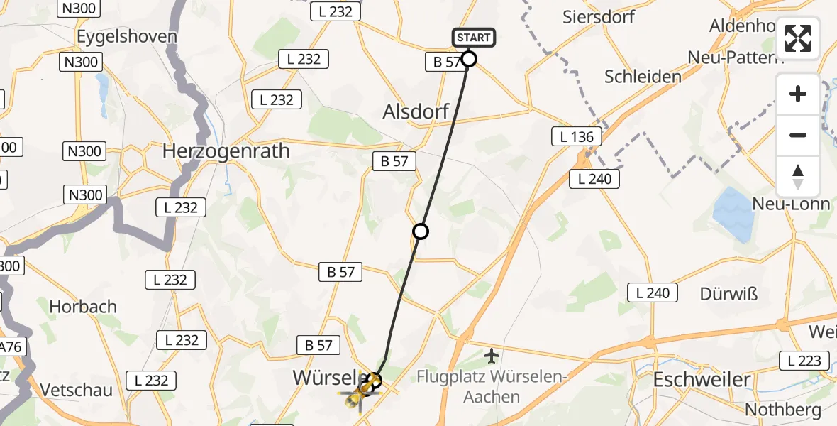 Flugroute Rettungshubschrauber Baesweiler - Rhein-Maas Hospital, 14 August 2026, 07:05