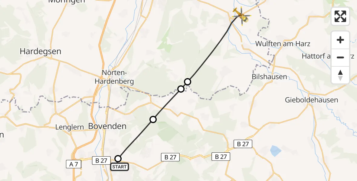 Flugroute Rettungshubschrauber Göttingen University Clinic Hubschrauberlandeplatz - Katlenburg-Lindau, 14 August 2026, 07:05