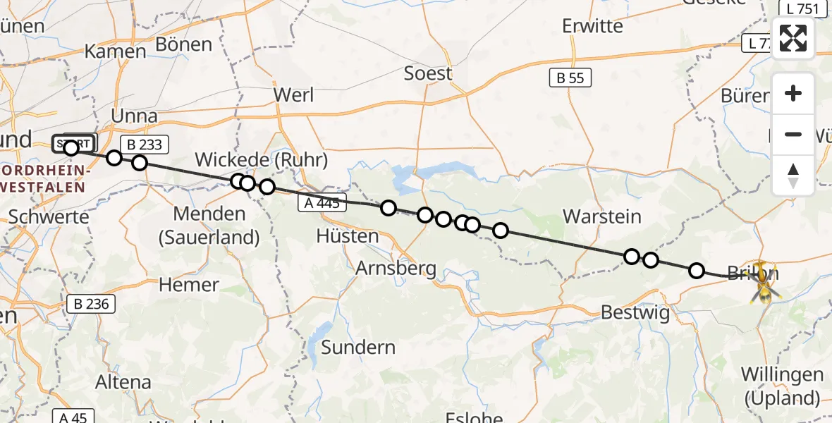 Flugroute Rettungshubschrauber Dortmund Flughafen - Brilon, 14 August 2026, 07:09