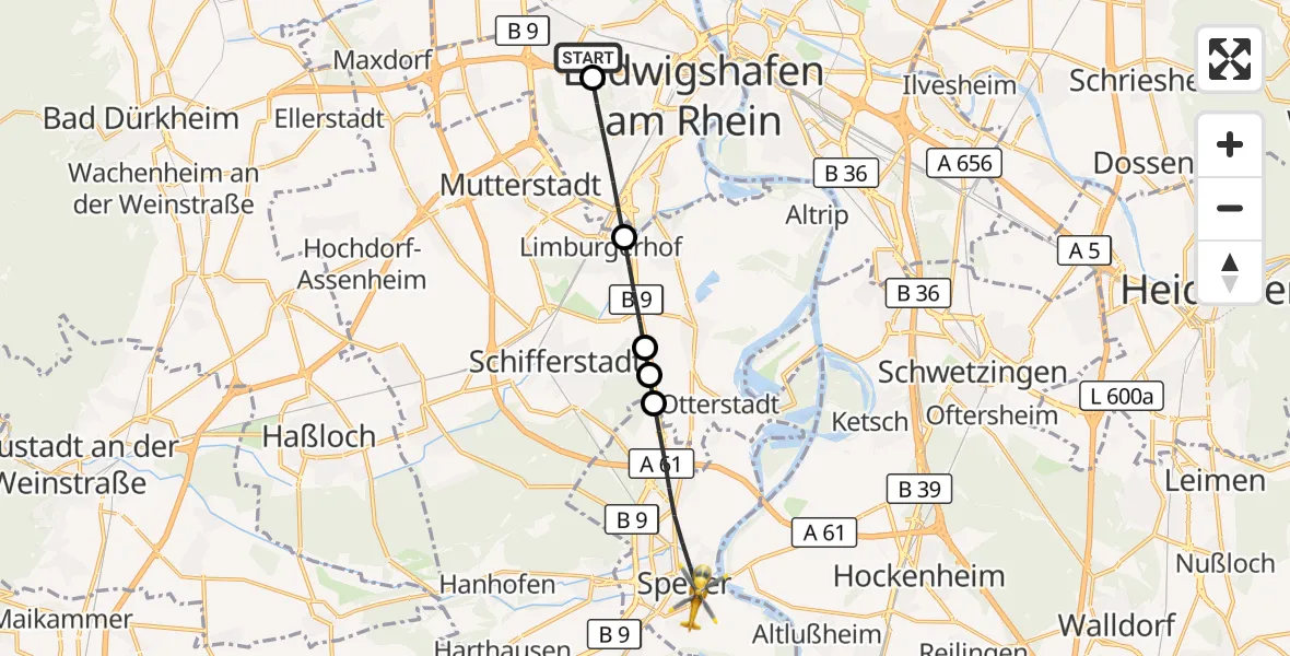 Flugroute Rettungshubschrauber Ludwigshafen Accident Hospital - Speyer, 14 August 2026, 07:18