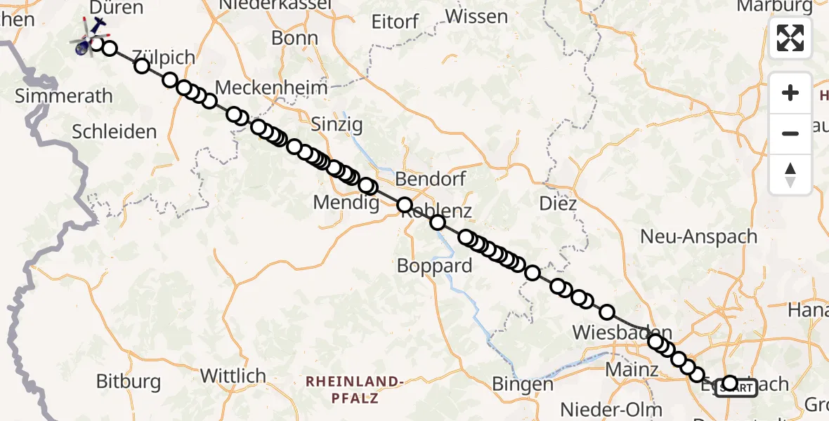 Flugroute Polizeihubschrauber Flughafen Frankfurt-Egelsbach - Hürtgenwald, 14 August 2026, 07:20