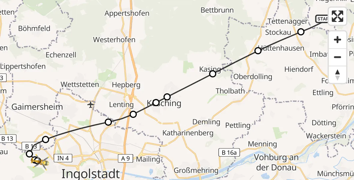 Flugroute Rettungshubschrauber Altmannstein - Ingolstadt Hospital, 14 August 2026, 07:21