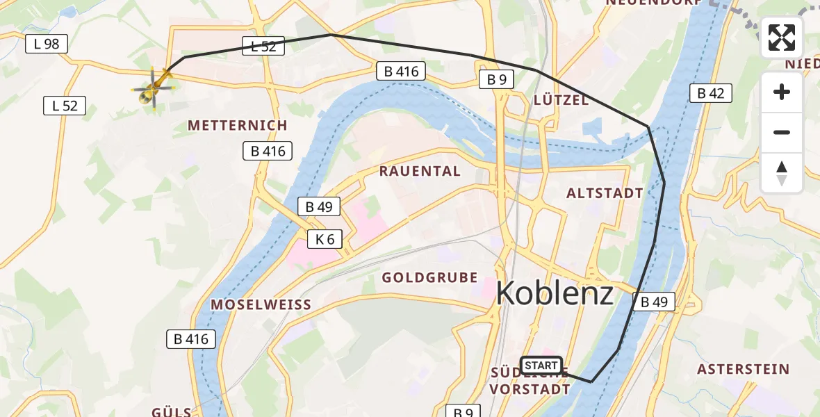 Flugroute Rettungshubschrauber Koblenz - Koblenz, 14 August 2026, 07:21