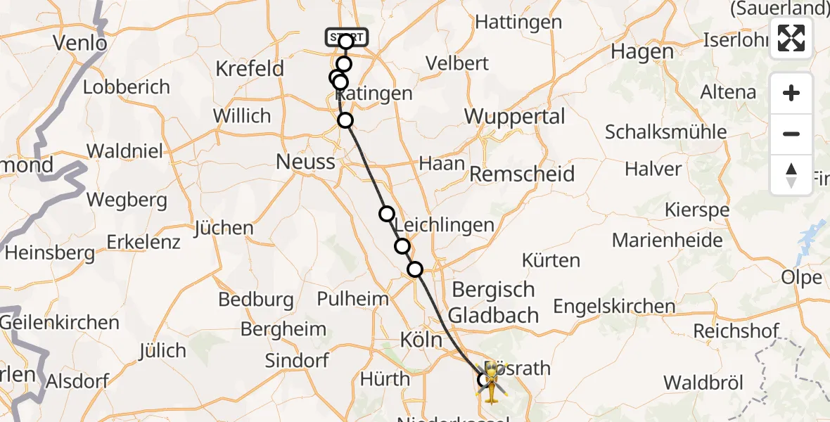 Flugroute Rettungshubschrauber Duisburg Air Rescue Hubschrauberlandeplatz (Christoph 9) - Köln Bonn Flughafen, 14 August 2026, 07:24