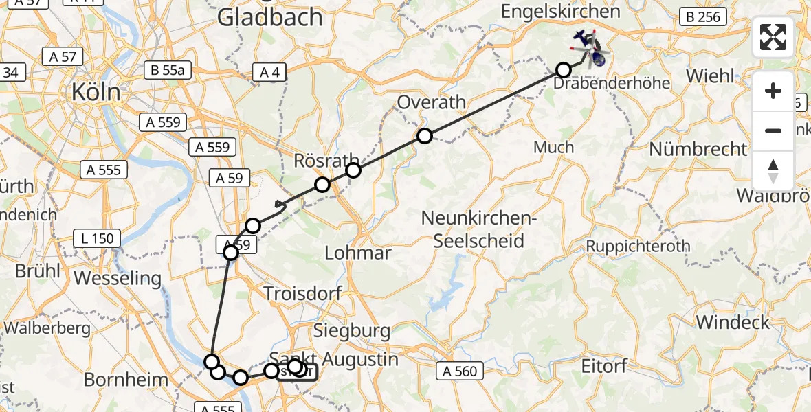 Flugroute Polizeihubschrauber Sankt Augustin - Engelskirchen, 14 August 2026, 07:26