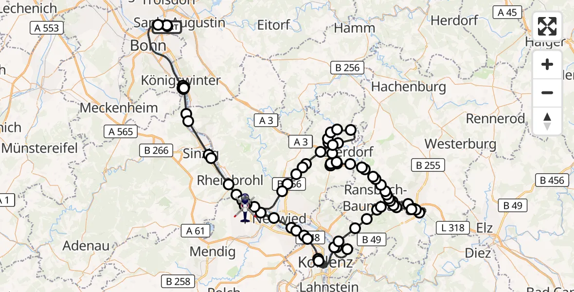 Flugroute Polizeihubschrauber Sankt Augustin - Andernach, 14 August 2026, 07:26