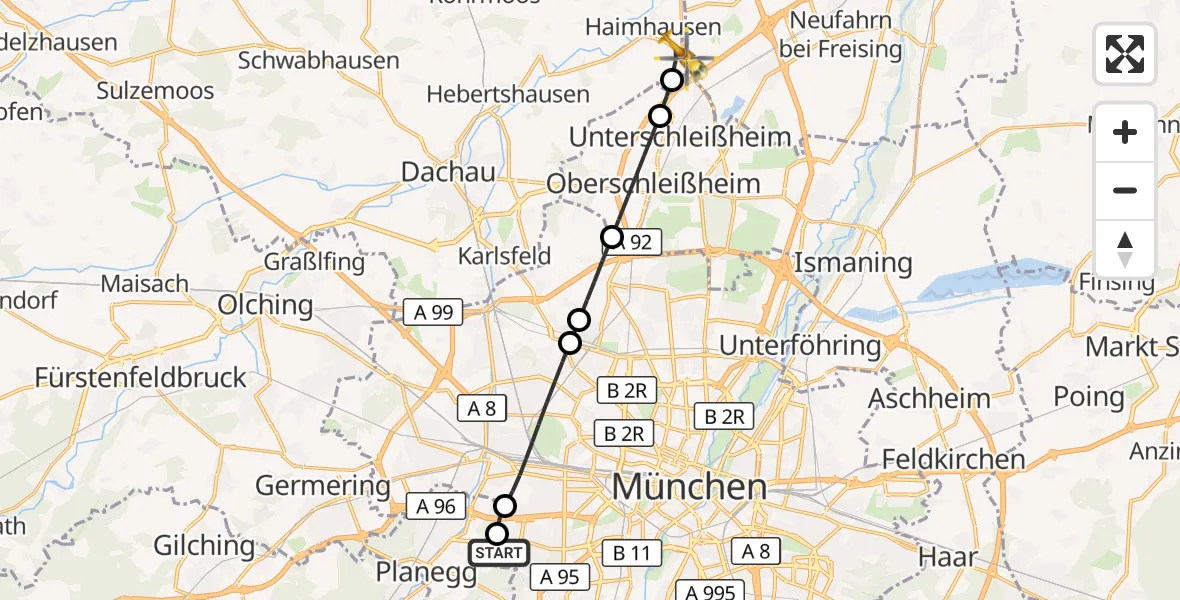 Flugroute Rettungshubschrauber DRF Air Rescue München Hubschrauberlandeplatz - Haimhausen, 14 August 2026, 07:31