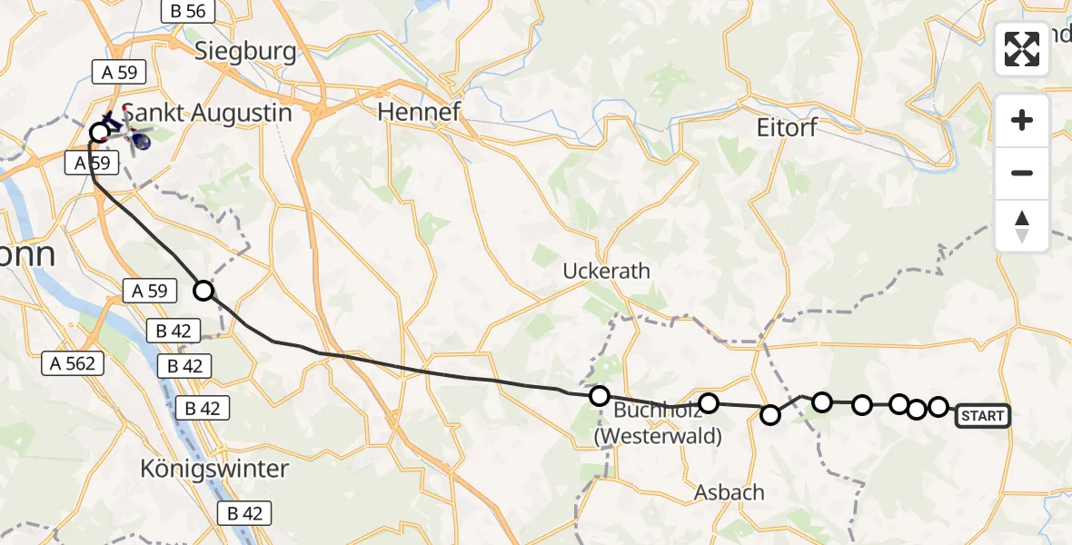 Flugroute Polizeihubschrauber Kraam - Sankt Augustin, 14 August 2026, 07:35