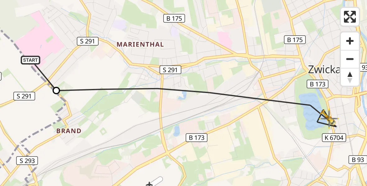 Flugroute Rettungshubschrauber ADAC Air Rescue Station Zwickau Hubschrauberlandeplatz - Zwickau, 14 August 2026, 07:35