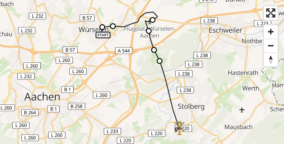 Flugroute Rettungshubschrauber Rhein-Maas Hospital - Stolberg (Rhld.), 14 August 2026, 07:36