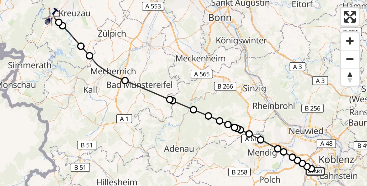 Flugroute Polizeihubschrauber Winningen - Hürtgenwald, 14 August 2026, 07:37