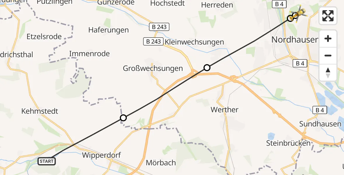Flugroute Rettungshubschrauber Bleicherode - Südharz Hospital Nordhausen, 14 August 2026, 07:38