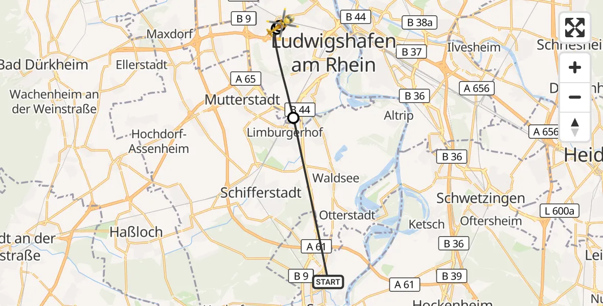 Flugroute Rettungshubschrauber Speyer - Ludwigshafen Accident Hospital, 14 August 2026, 07:50