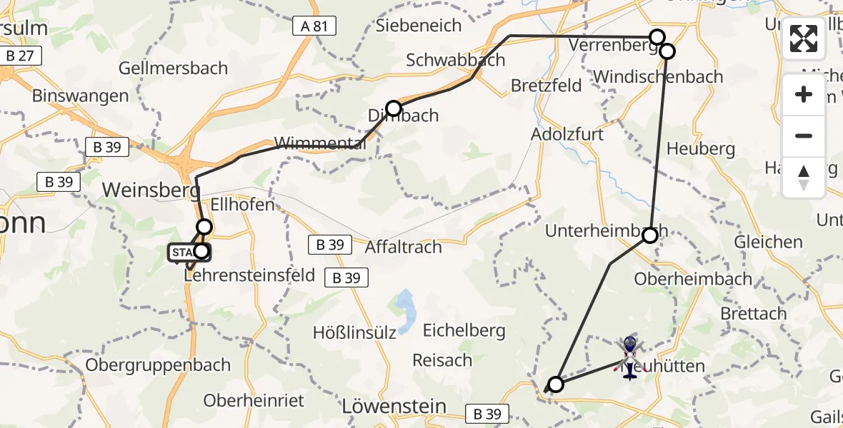 Flugroute Polizeihubschrauber Weinsberg - Wüstenrot, 14 August 2026, 07:50