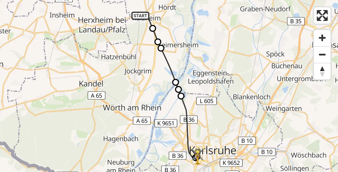 Flugroute Ambulanzhubschrauber Rülzheim - Sankt Vincentius Hospital, 14 August 2026, 07:53