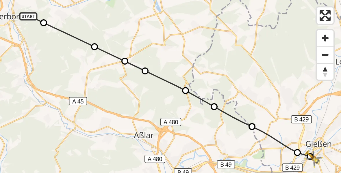 Flugroute Rettungshubschrauber Herborn - Gießen University Hospital, 14 August 2026, 07:53