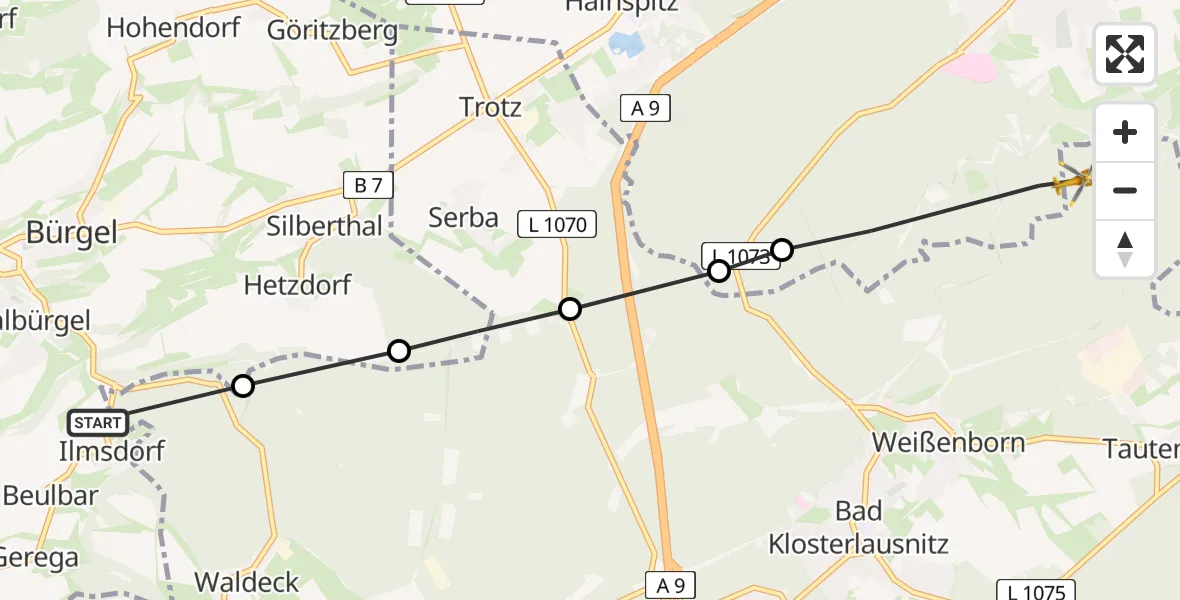 Flugroute Rettungshubschrauber Bürgel - Tautenhain, 14 August 2026, 07:53