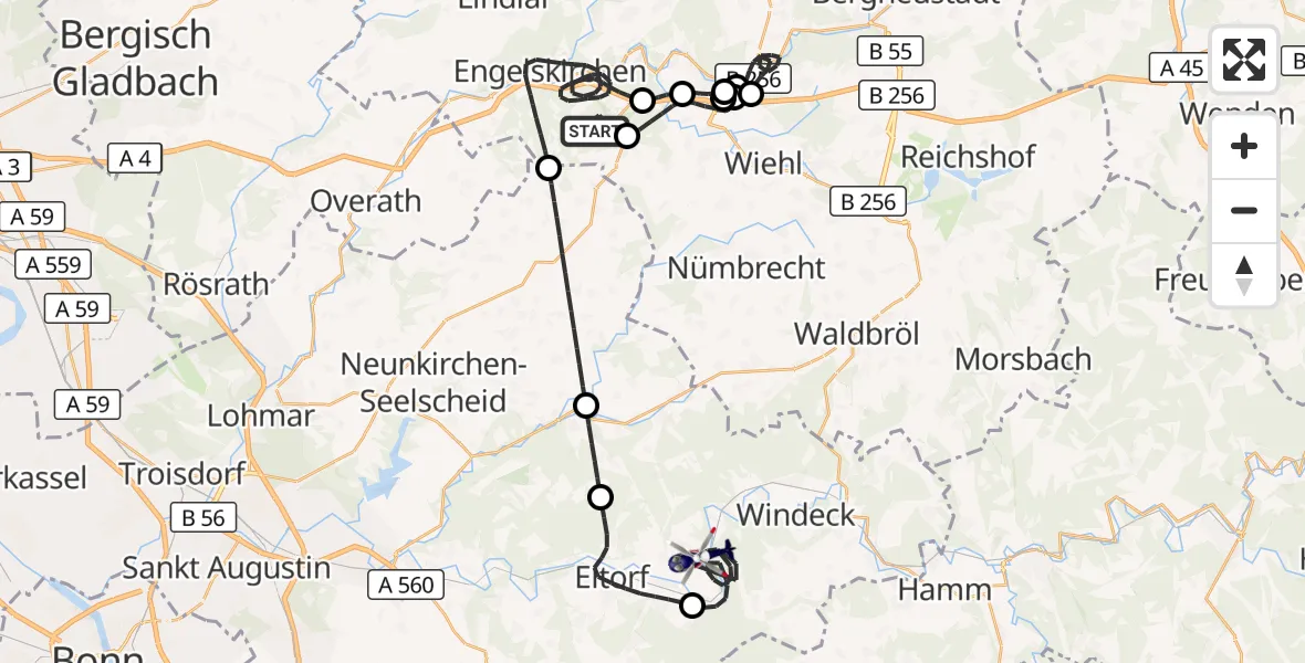 Flugroute Polizeihubschrauber Engelskirchen - Windeck, 14 August 2026, 08:01