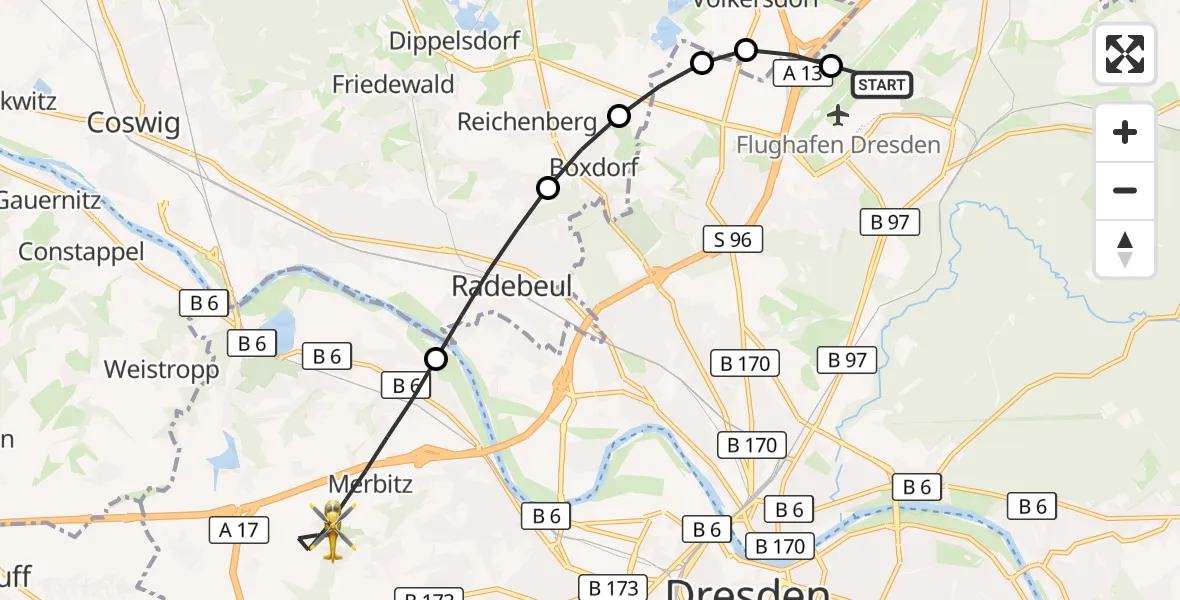 Flugroute Rettungshubschrauber Dresden Bundespolizei Hubschrauberlandeplatz - Dresden, 14 August 2026, 08:05