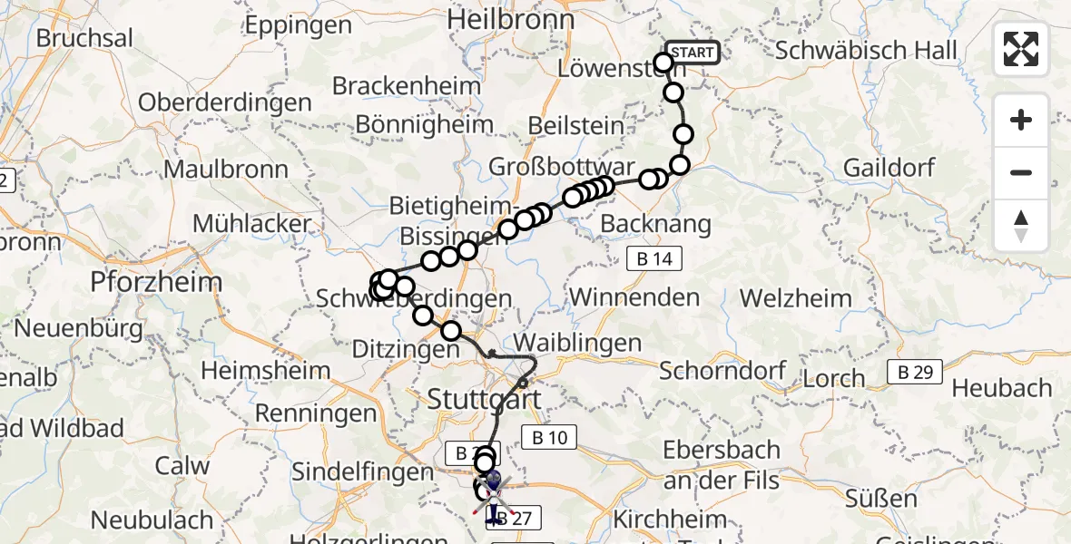 Flugroute Polizeihubschrauber Bretzfeld - Flughafen Stuttgart, 14 August 2026, 08:07