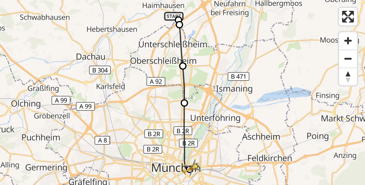 Flugroute Rettungshubschrauber Haimhausen - Rechts der Isar University Hospital, 14 August 2026, 08:08