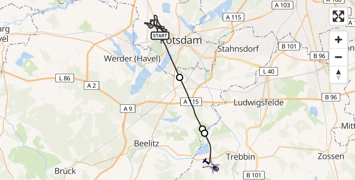 Flugroute Polizeihubschrauber Potsdam - Trebbin, 14 August 2026, 08:12