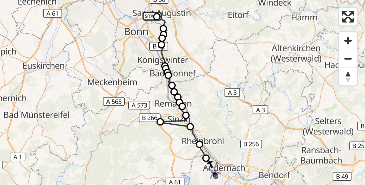 Flugroute Polizeihubschrauber Bonn-Hangelar Flugplatz - Andernach, 14 August 2026, 08:19