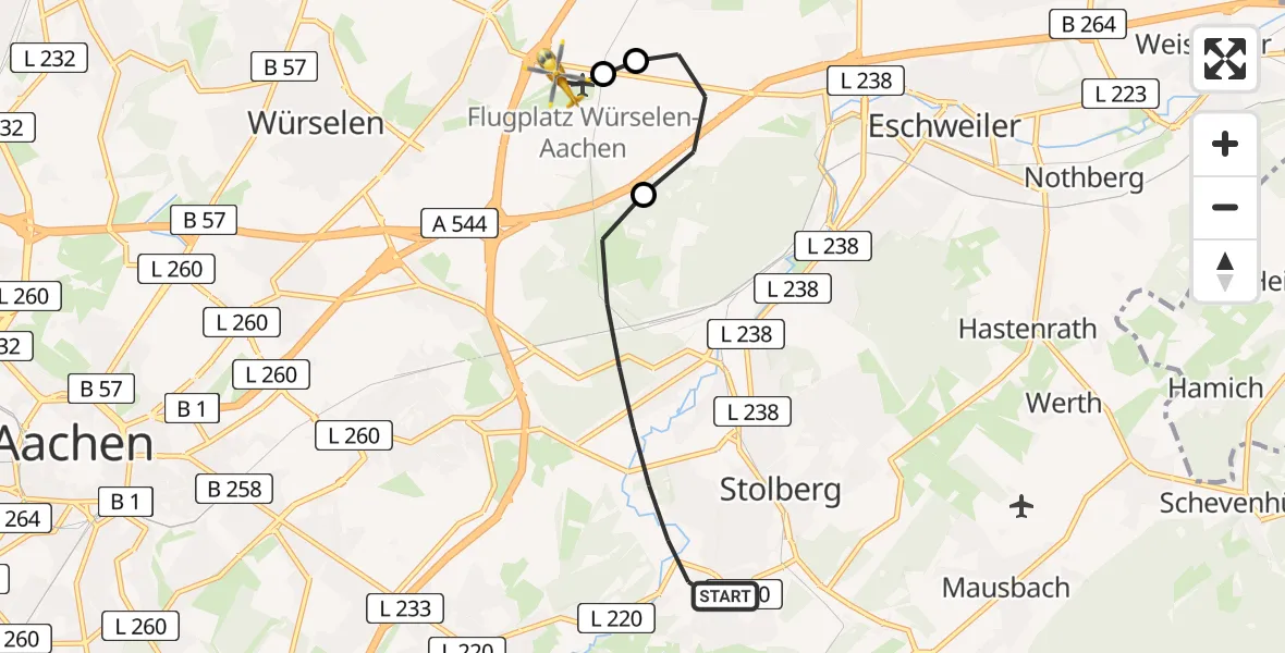 Flugroute Rettungshubschrauber Stolberg (Rhld.) - Aachen-Merzbrück Flughafen, 14 August 2026, 08:21