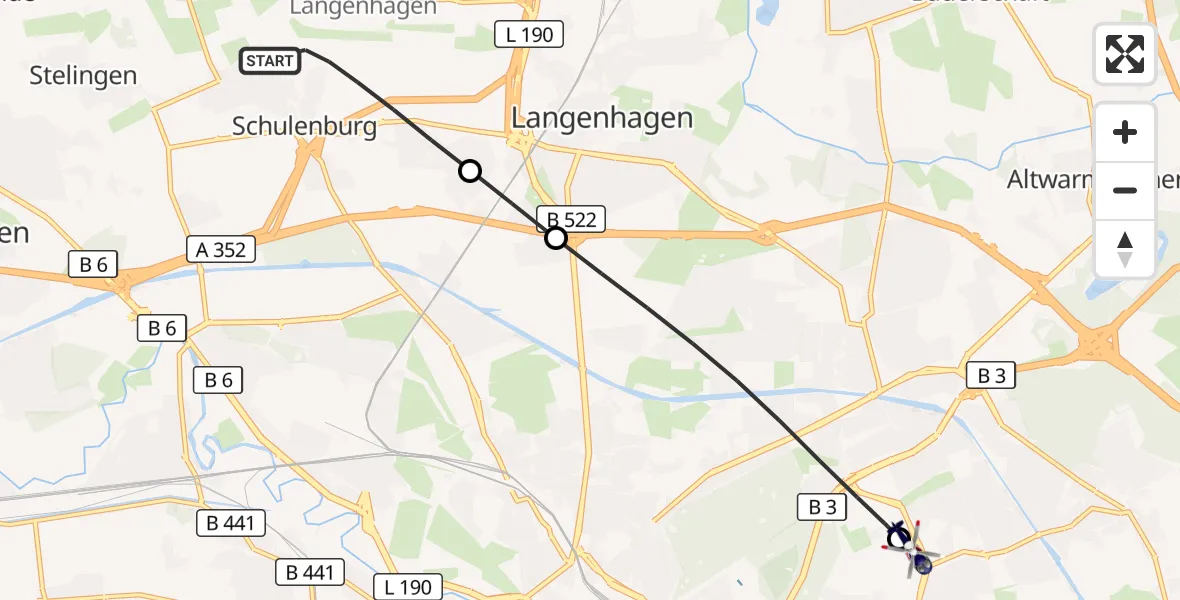 Flugroute Polizeihubschrauber Flughafen Hannover - Hannover Luftrettung Hubschrauberlandeplatz (Christoph 4), 14 August 2026, 08:29