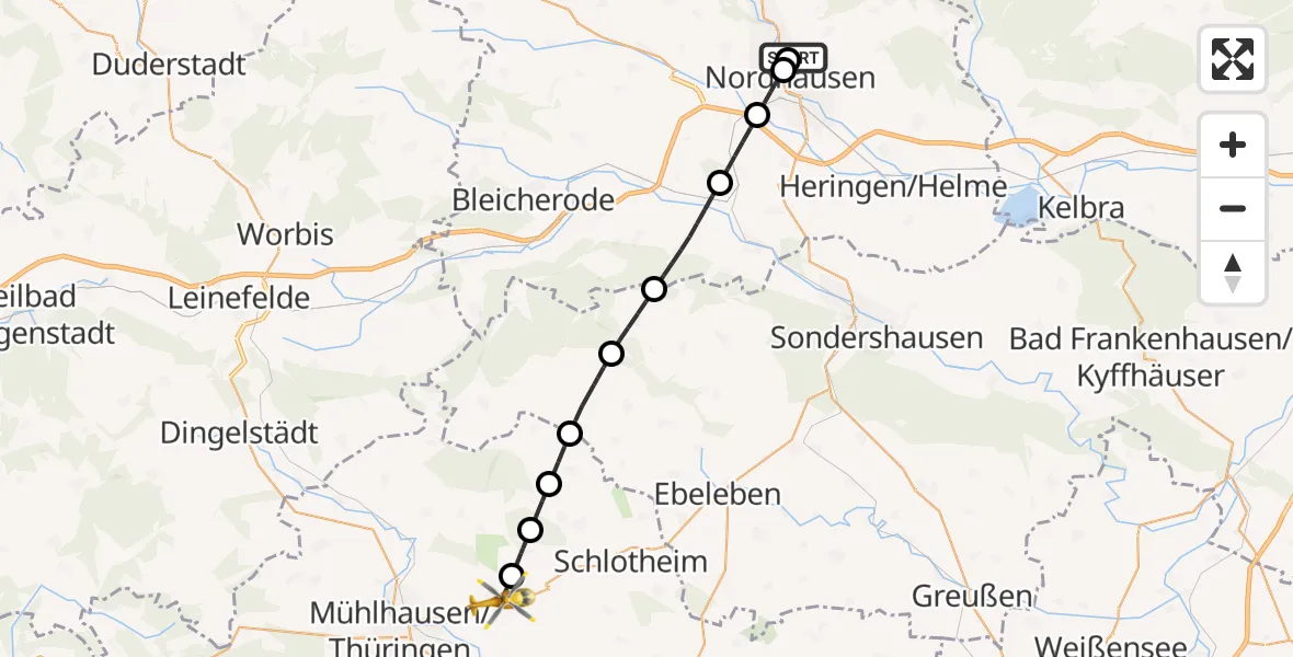 Flugroute Rettungshubschrauber Südharz Hospital Nordhausen - Mühlhausen/Thüringen, 14 August 2026, 08:31