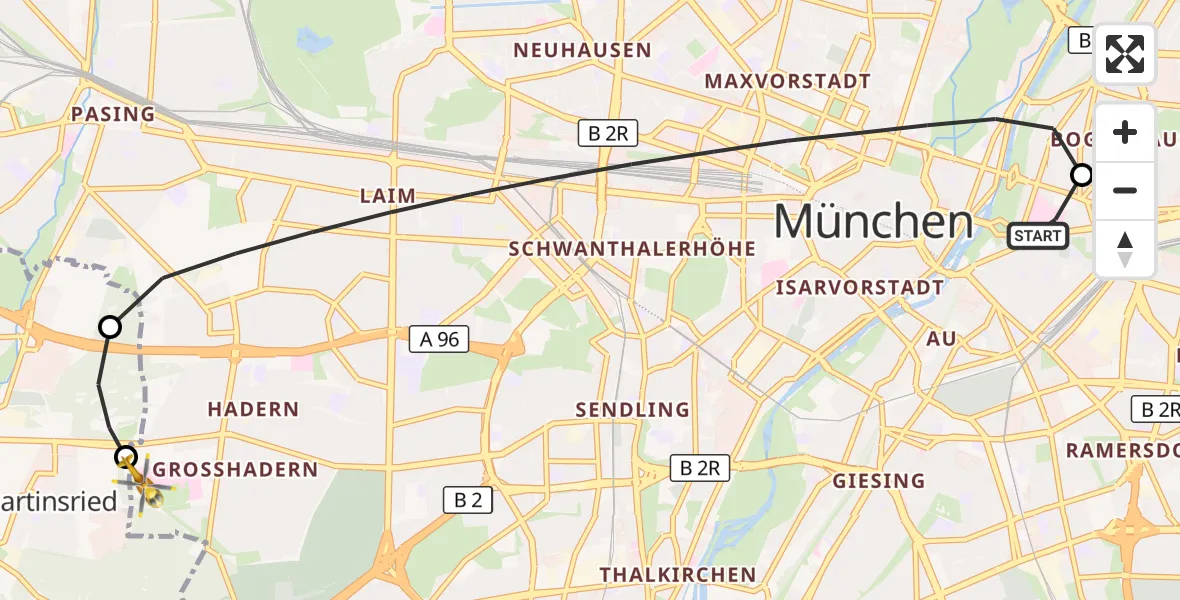 Flugroute Rettungshubschrauber Rechts der Isar University Hospital - DRF Air Rescue München Hubschrauberlandeplatz, 14 August 2026, 08:44