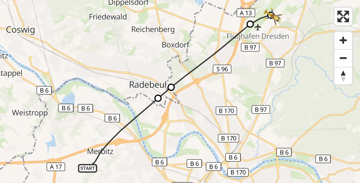 Flugroute Rettungshubschrauber Dresden - Dresden Bundespolizei Hubschrauberlandeplatz, 14 August 2026, 08:55