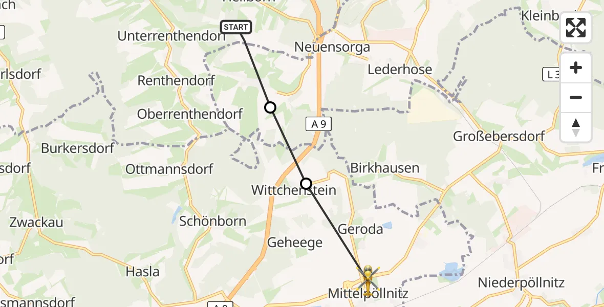 Flugroute Rettungshubschrauber Renthendorf - Mittelpöllnitz, 14 August 2026, 09:05