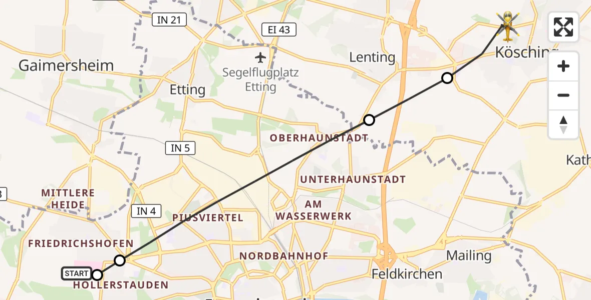 Flugroute Rettungshubschrauber Ingolstadt Hospital - Kösching, 14 August 2026, 09:08