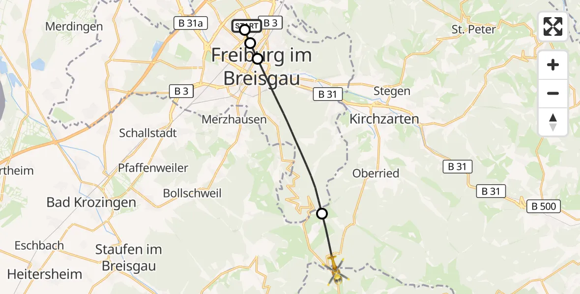 Flugroute Ambulanzhubschrauber Freiburg im Breisgau Flugplatz - Oberried, 14 August 2026, 09:08