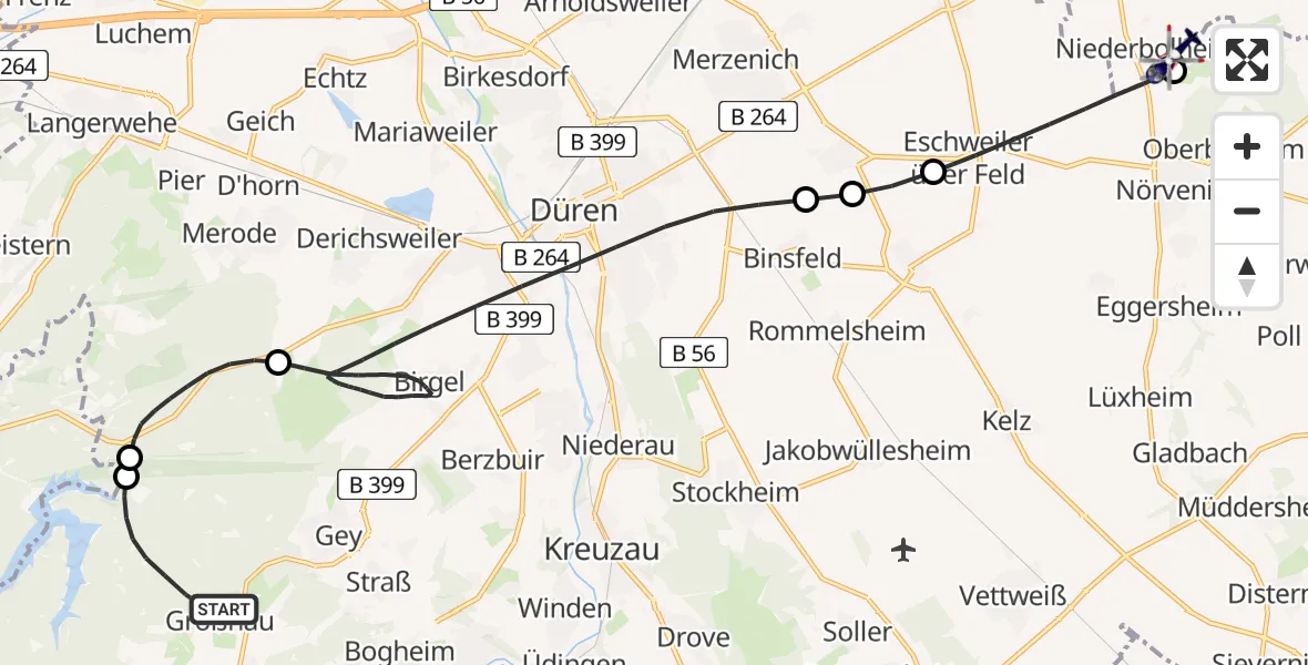 Flugroute Polizeihubschrauber Hürtgenwald - Militärflugplatz Nörvenich, 14 August 2026, 09:14