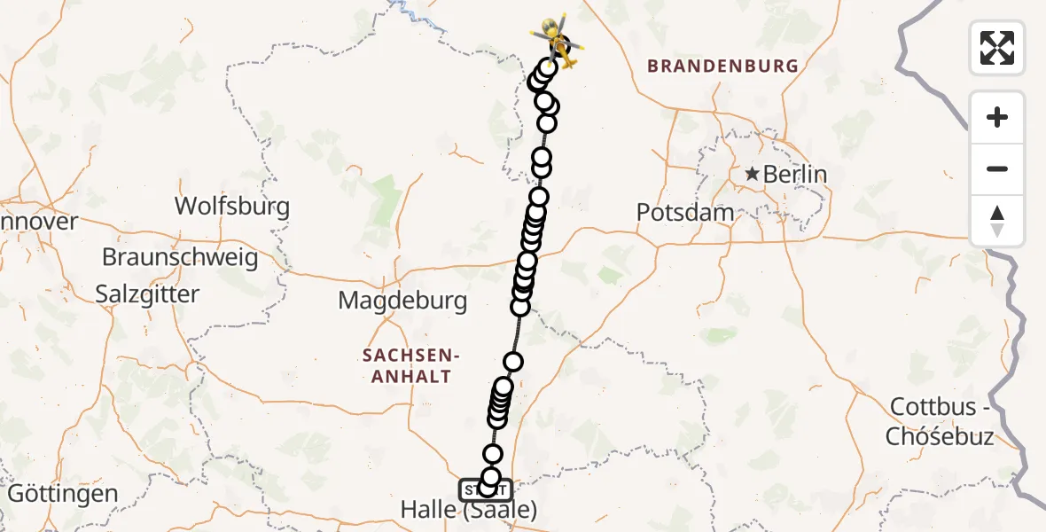 Flugroute Rettungshubschrauber Halle-Oppin Flugplatz - Kyritz, 14 August 2026, 09:19