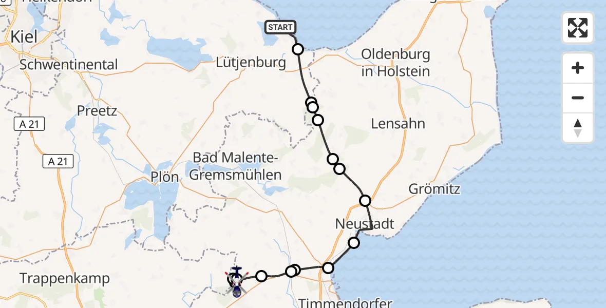 Flugroute Polizeihubschrauber Hohwacht (Ostsee) - Christoph 12 Luftrettungszentrum, 14 August 2026, 09:20